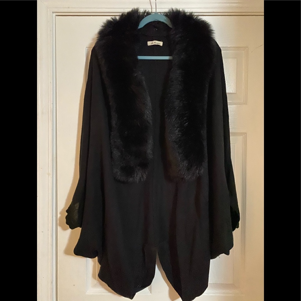 La Fiorentina Black Shaw/Poncho with Fur Collar